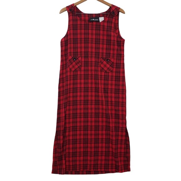 Vintage 90s Sag Harbor Petite Red Plaid Sleeveless Midi Dress Size 8 Preppy - Picture 1 of 6